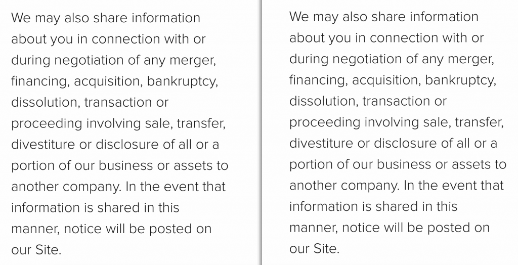 This screenshot shows the part of Instructure's Privacy Policy which allows them to share personal information in the event of a merger or sale.