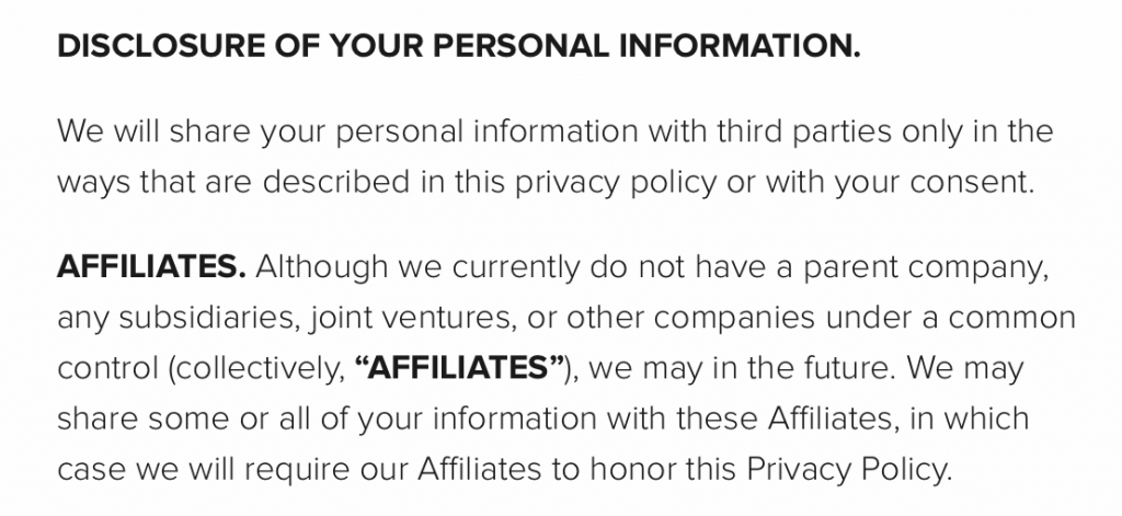 This screenshot shows the Affiliates Clause in Instructure's Privacy Policy.