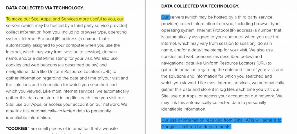 This screenshot compares changes between the Instructure Privacy Policy before and after October 28th. 2019.