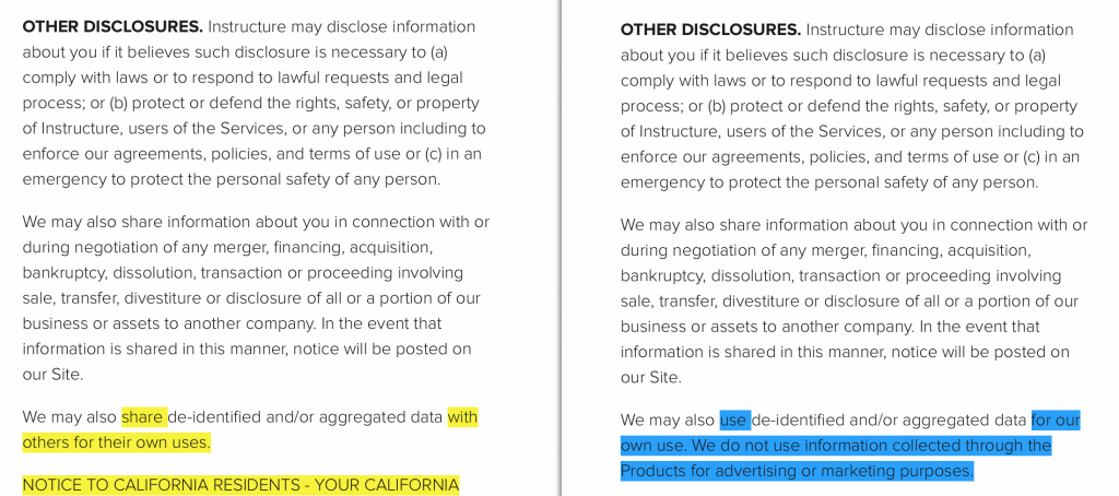 This screenshot compares the changes to the "Other Disclosures" area of Instructure's Privacy Policy.