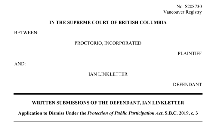 Cover page of Ian Linkletter's written submissions for Protection of Public Participation Act Anti-SLAPP application